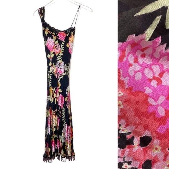 Betsey Johnson Dresses & Skirts - BETSEY JOHNSON New York Vintage Womens 4 Black Floral Slip Dress Beaded Midi